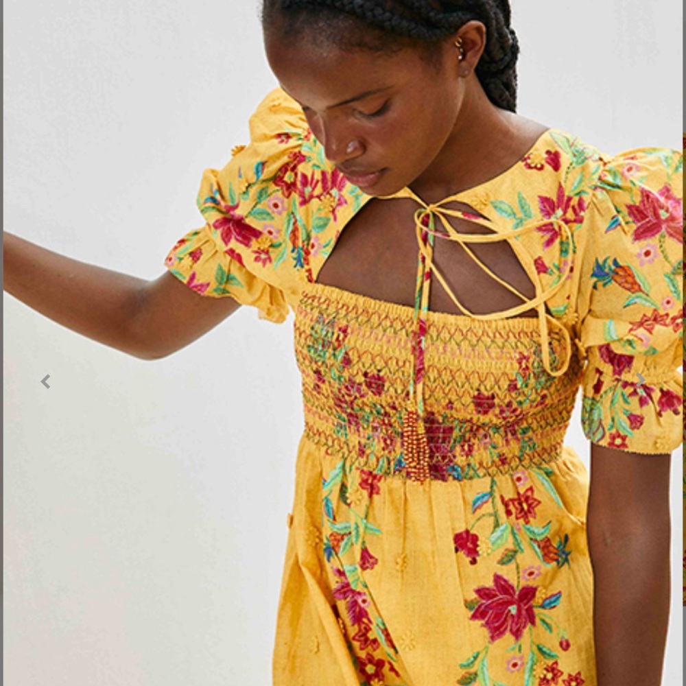 FARM Rio Yellow Floral Midi Dress with Pink & Green Embroidery - Picture 4 of 8